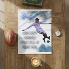 A flawlessly styled flat lay shot on a rustic oak coffee table for Instagram. The folded premium fleece blanket shows the quote clearly. Surrounded by luxury items: a vintage leather football, a stopwatch, a ceramic mug with artisan coffee, and a hardcover book on football history. Natural, soft light. Use the existing image as the exact product reference.. 