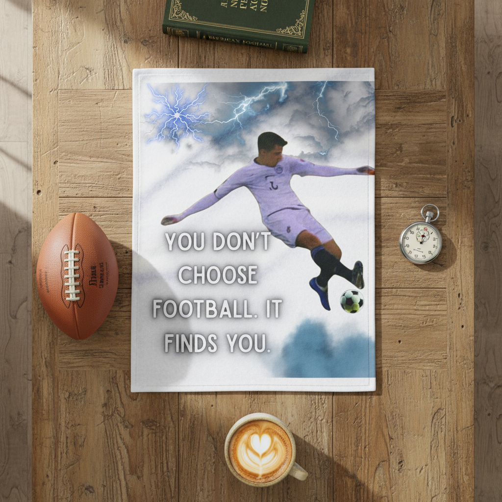 A flawlessly styled flat lay shot on a rustic oak coffee table for Instagram. The folded premium fleece blanket shows the quote clearly. Surrounded by luxury items: a vintage leather football, a stopwatch, a ceramic mug with artisan coffee, and a hardcover book on football history. Natural, soft light. Use the existing image as the exact product reference.. 