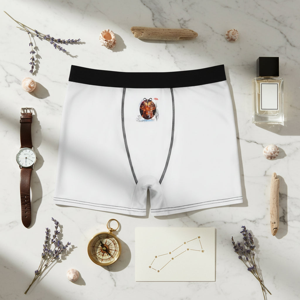 Social Media Flat Lay:** A stylish, photorealistic flat lay composition on a white marble countertop. The Aries boxer briefs are centered, surrounded by premium accessories: a vintage leather watch, a bottle of luxury cologne, a brass compass, and a card with the Aries constellation. Natural, soft light from a window illuminates the scene.
