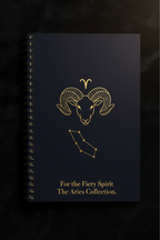 Dramatic Ad Image Prompt A close-up, dramatic shot of the notebook's cover under focused, warm gallery lighting against a deep velvet black background. The gold foil Aries constellation subtly catches the light, shimmering against the dark navy textured cover material. The spiral binding glints. Text overlay in an elegant serif font reads: "For the Fiery Spirit. The Aries Collection." 