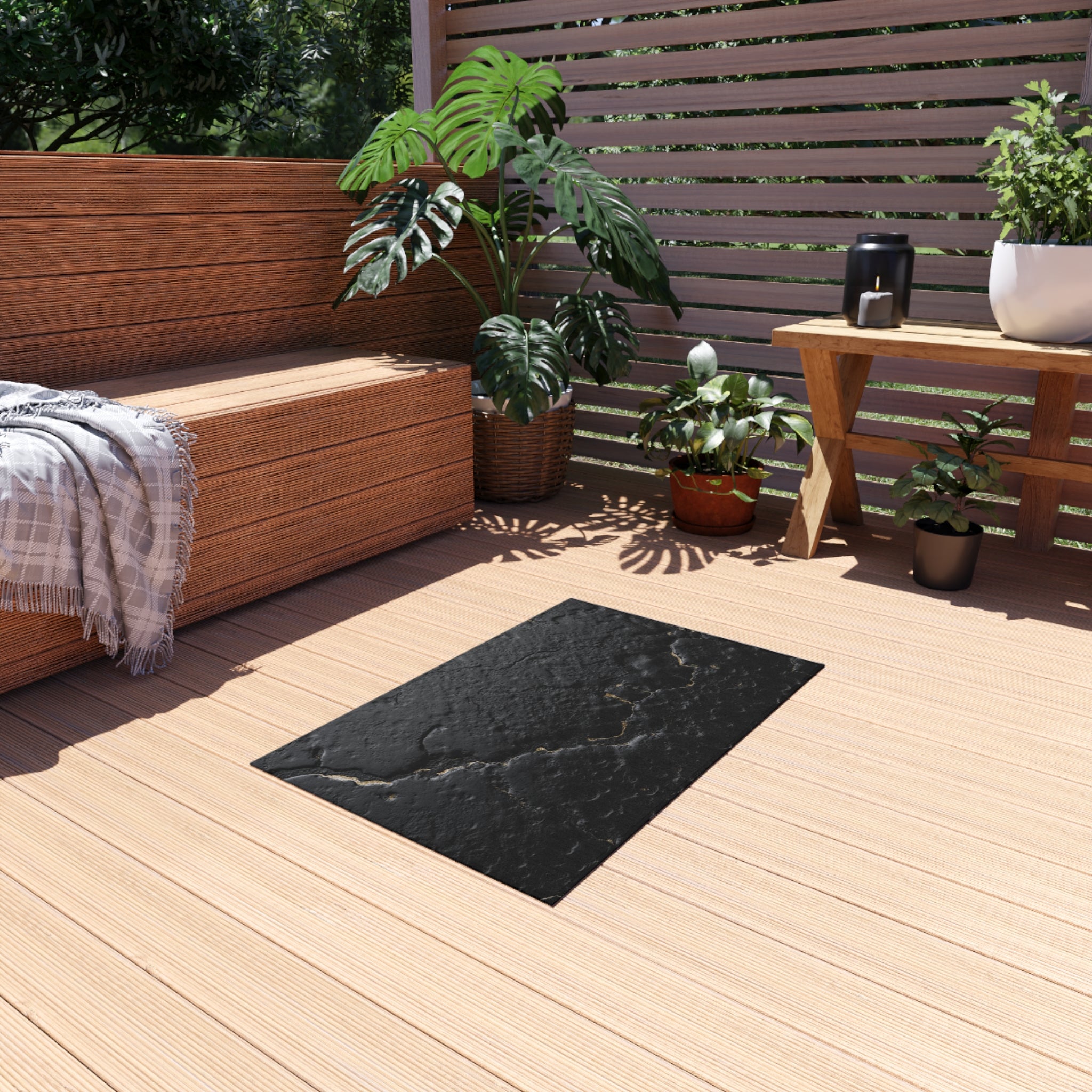 Black Cracked Stone Outdoor Rug