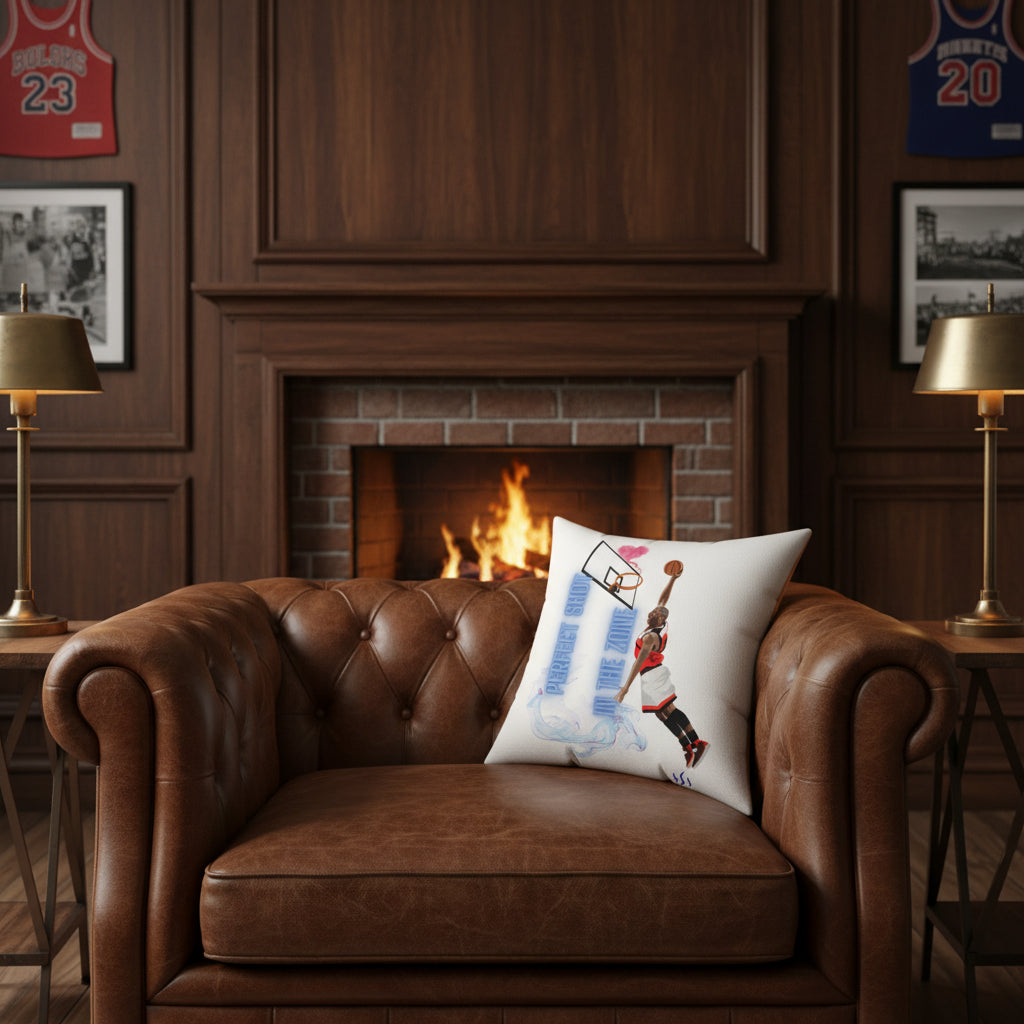 A sophisticated, photorealistic living room scene featuring a rich leather armchair. The Premium Basketball Dunk Pillow sits elegantly on the chair. The room has dark wood paneled walls, a lit fireplace, and subtly framed vintage sports memorabilia in the background under warm, ambient lighting. 