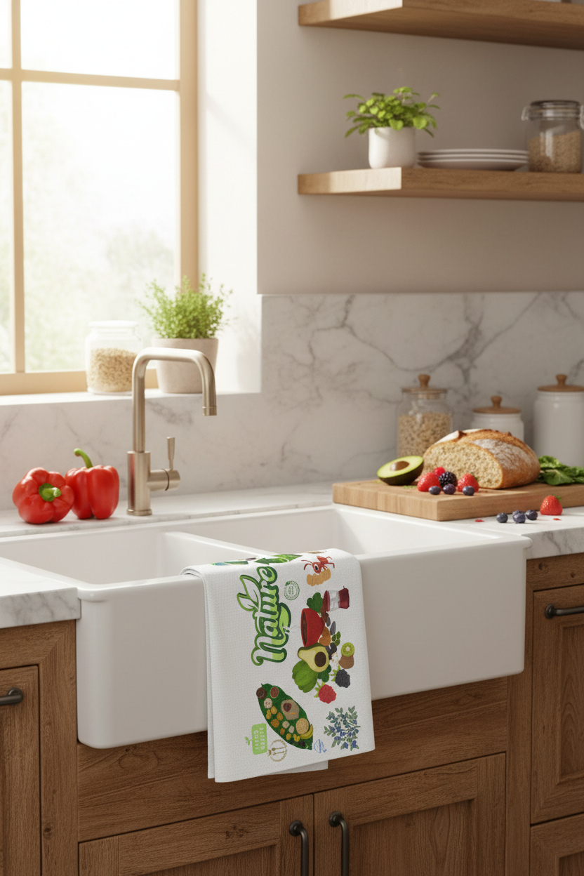 Lifestyle:** A photorealistic lifestyle shot in a sunlit, rustic-chic kitchen with marble countertops and open wooden shelving. The 'Nature's Cycle' tea towel, featuring earthy green and brown botanical prints of vegetables and recycling symbols, hangs casually over a white ceramic farmhouse sink beside a wooden cutting board with fresh organic produce and an artisanal loaf of bread. The lighting is natural, warm, and inviting.
