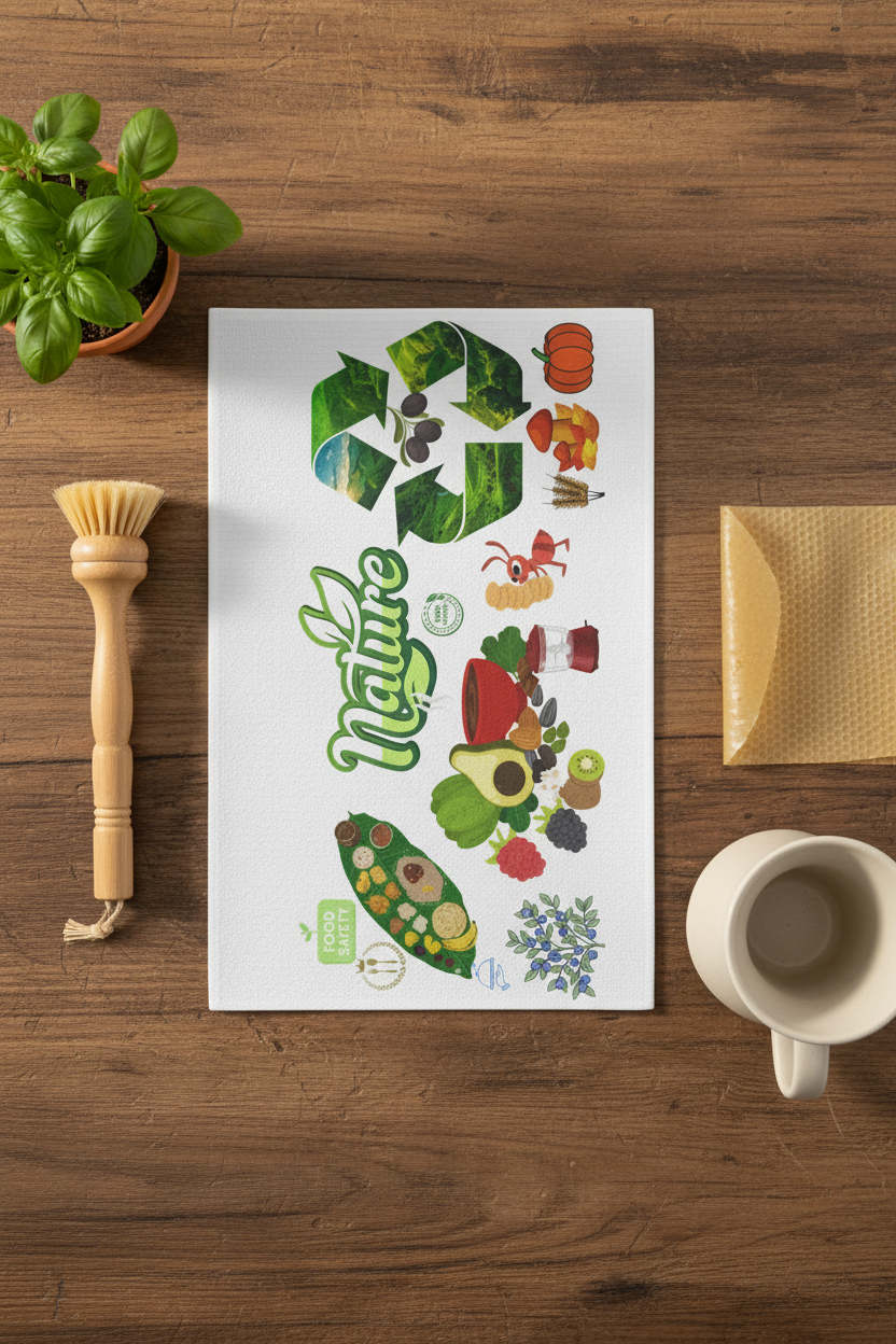 Social Media:** A high-quality flat lay composition on a reclaimed wooden table. The tea towel is folded neatly, showing the central recycling design. It is surrounded by curated eco-friendly kitchen swaps like a bamboo dish brush, a beeswax wrap, a small potted herb plant, and a ceramic pour-over coffee set. The aesthetic is clean, minimalist, organic, and Instagram-ready.

