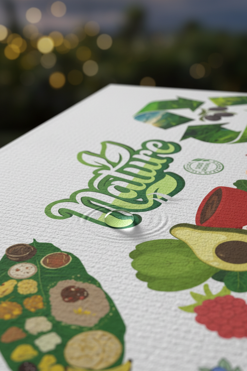 *Dramatic Ad:** A cinematic close-up shot showing the rich texture of the premium eco-fiber fabric. A single water droplet beads perfectly on the surface before being absorbed instantly, highlighting its quality. The nature-themed print is sharp against a deep, gently blurred background of a lush, green organic garden at twilight, emphasizing the connection between the product and the environment. Studio lighting highlights the weave.
