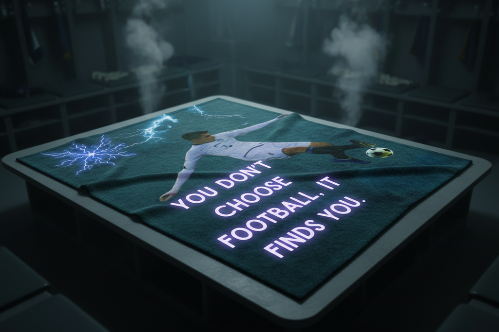 A cinematic close-up shot of the fleece blanket's texture in a dimly lit stadium locker room. The quote "YOU DON'T CHOOSE FOOTBALL, IT FINDS YOU" glows slightly against the deep blue/green fabric. Steam rises in the background. The lighting is moody and intense, highlighting the premium weave of the fabric.
