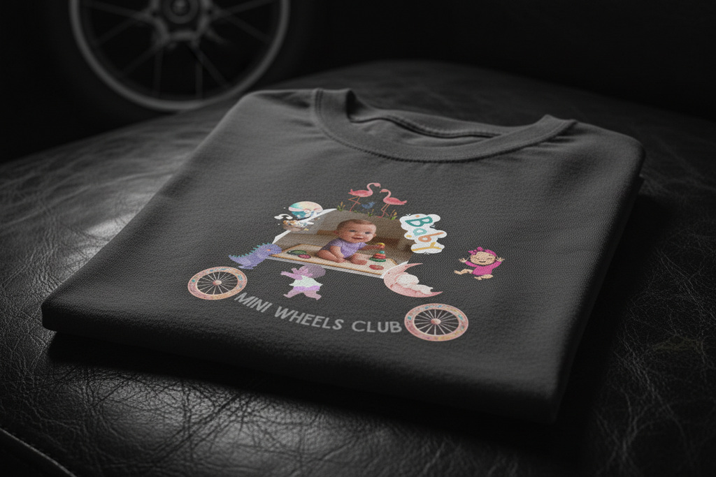 *A cinematic close-up shot of the 'Wheels Club' t-shirt folded neatly on a dark, textured leather surface. Soft, luxurious lighting highlights the premium fabric weave and the subtle, elegant 'Wheels Club' emblem. A blurred outline of a classic car wheel is in the background.*