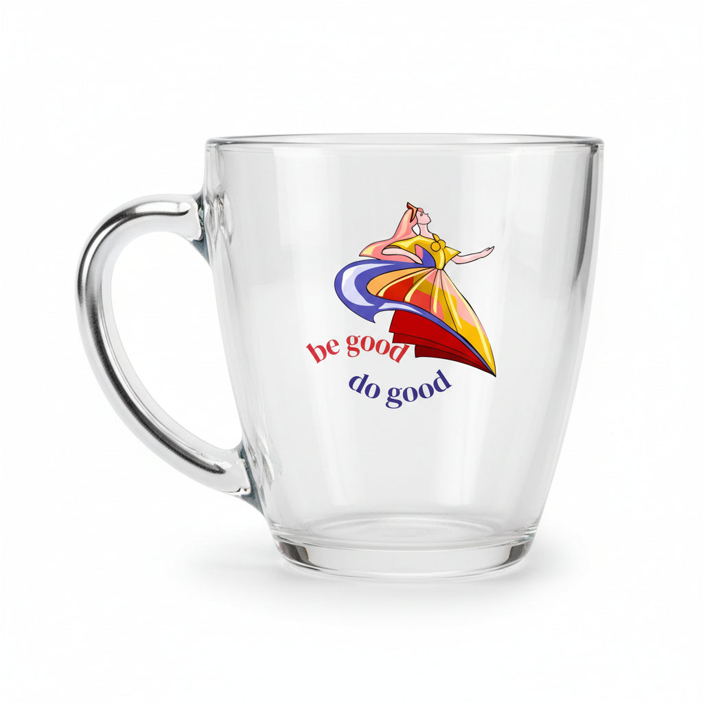 A professional product photograph of a 15.5 oz clear glass drinking mug with a tapered silhouette on a pure white background. The glass features a colorful engraved design showing a flowing, stylized figure in motion with the text "be good / do good" in vibrant colors. The mug has an ergonomic curved handle. The glass is transparent and catches light beautifully. Studio lighting, high resolution, e-commerce product photography, clean white backdrop.
