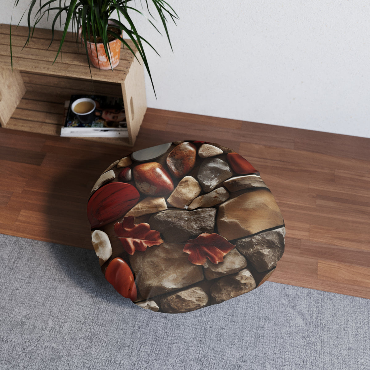 Autumn River Stone Floor Cushion — Tufted Round Meditation Pillow