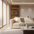 Sunlit Family Sanctuary. A photorealistic living room scene displaying quiet luxury. A plush cream colored velvet sofa holds the minimal gold dust decorative pillow. Warm afternoon sunlight streams through a large window catching the subtle golden shimmer specks on the textured fabric. The overall aesthetic is calm opulent and perfectly refined for making memories.