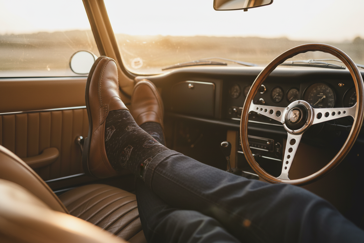 A sophisticated photograph of a man's feet resting in a beautifully restored vintage leather car interior (e.g., a classic Jaguar E-Type), wearing the vintage car cushioned crew socks paired with polished brown leather driving loafers. The lighting is warm, natural sunset light coming through the windshield, emphasizing texture and comfort. The focus is sharp on the socks.