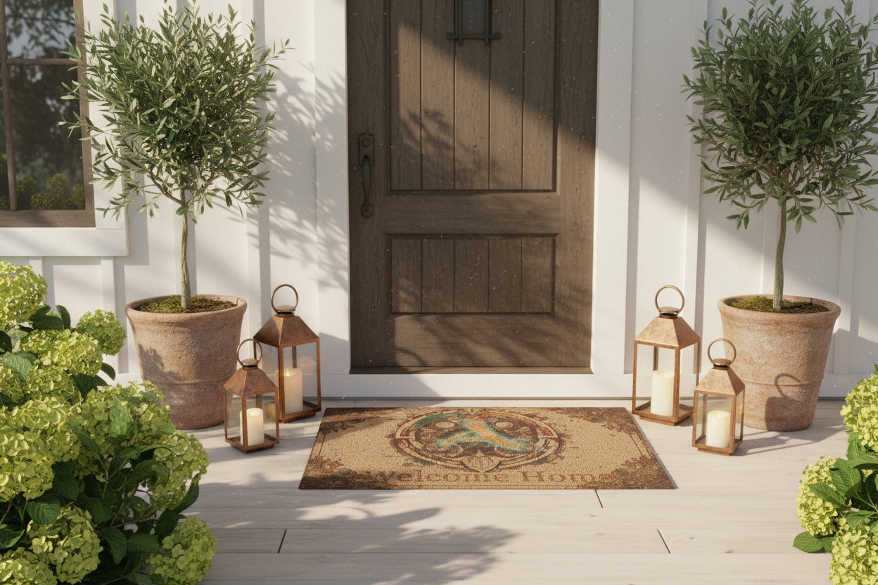 Lifestyle Prompt
A photorealistic shot of a sunlit, elegant front porch of a modern farmhouse. A heavy, natural coir "Welcome Home" doormat sits before a dark wood door flanked by large potted olive trees in terracotta planters and aged copper lanterns. The texture of the mat is rich, fibrous, and inviting. Warm afternoon light.
