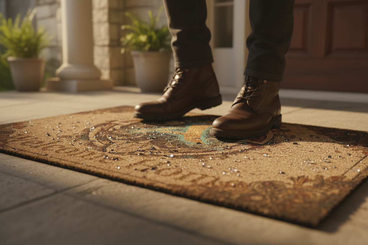 Dramatic Ad
A cinematic close-up, slow-motion shot of fine leather boots stepping onto the textured surface of the premium "Welcome Home" mat. Rain droplets glisten on the tough coir fibers. Golden hour lighting casts long, dramatic shadows across the mat, emphasizing quality, depth, and durability. The background is a gently blurred, upscale home entrance.