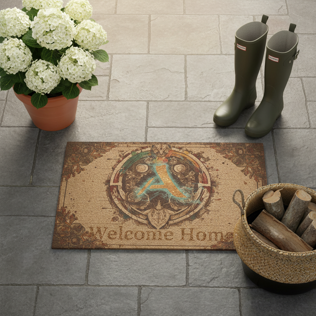 Social Media
A high-quality, photorealistic overhead flat lay shot of the "Welcome Home" doormat on a bluestone patio. It is styled with a pair of designer Hunter wellington boots, a potted white hydrangea, and an artisanal woven basket filled with firewood. Natural light, warm filter, high-end aesthetic suitable for Instagram.