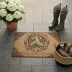 Social Media
A high-quality, photorealistic overhead flat lay shot of the "Welcome Home" doormat on a bluestone patio. It is styled with a pair of designer Hunter wellington boots, a potted white hydrangea, and an artisanal woven basket filled with firewood. Natural light, warm filter, high-end aesthetic suitable for Instagram.