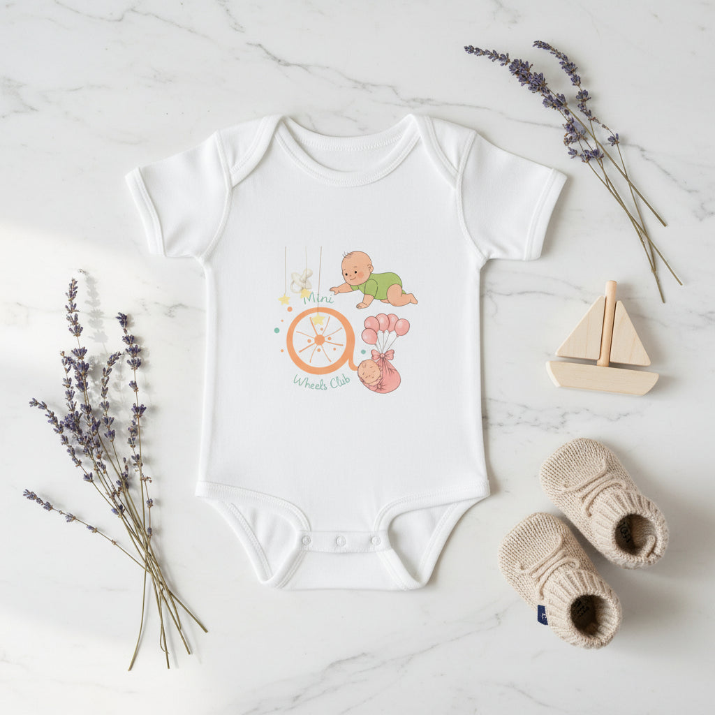 Generate a curated Instagram flat lay scene using the uploaded product image as the exact garment reference. Do not change embroidery, colors or structure. The bodysuit is neatly folded and placed on a marble surface, styled with a wooden sailboat toy, dried sea lavender and beige knit booties. Muted cream and navy palette. Top down view. Natural daylight. Maintain original fabric texture and details.