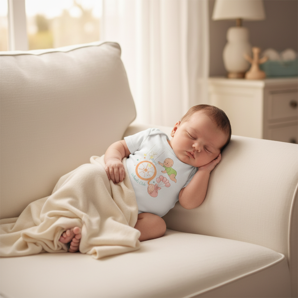Photorealistic lifestyle scene using the uploaded product image as the exact garment reference. A sleeping newborn baby is wearing the same nautical bodysuit shown in the reference image. Do not alter the embroidery, fabric color, stitching or proportions. The baby is wrapped in a soft cashmere blanket on a sunlit white linen sofa in a coastal nursery. Warm natural window light highlights the authentic texture of the original organic cotton fabric. Preserve the original design exactly. High resolution, tend