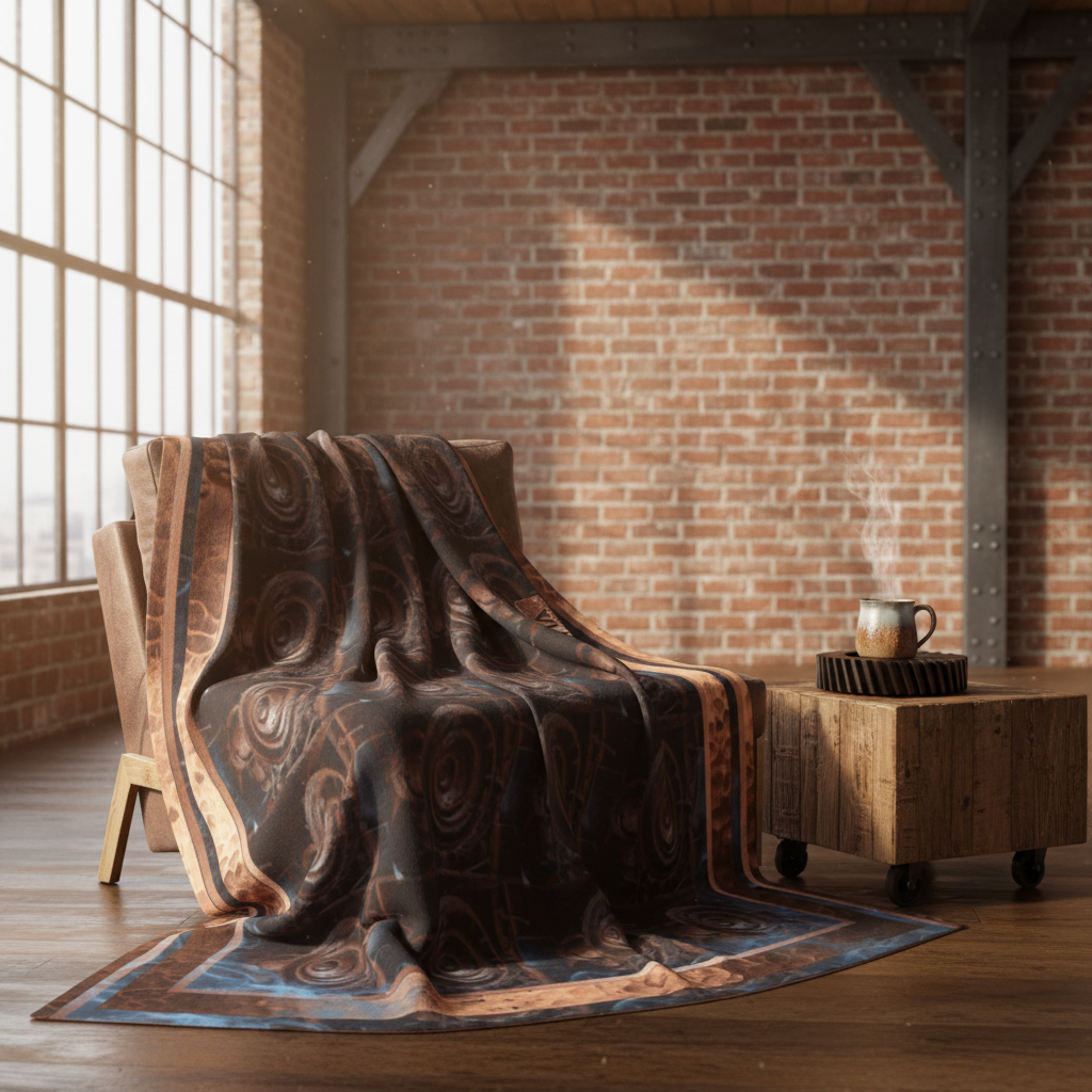 
A high-resolution photograph of a premium aged leather armchair in a rustic, loft-style living room with exposed brick walls and metal beams. The Industrial Soul Arctic Fleece Blanket with the macro mechanical pattern is artfully draped over the chair. A steaming ceramic mug sits on a reclaimed wood side table next to a vintage iron gear part used as a coaster. Soft, natural light streams from a lar