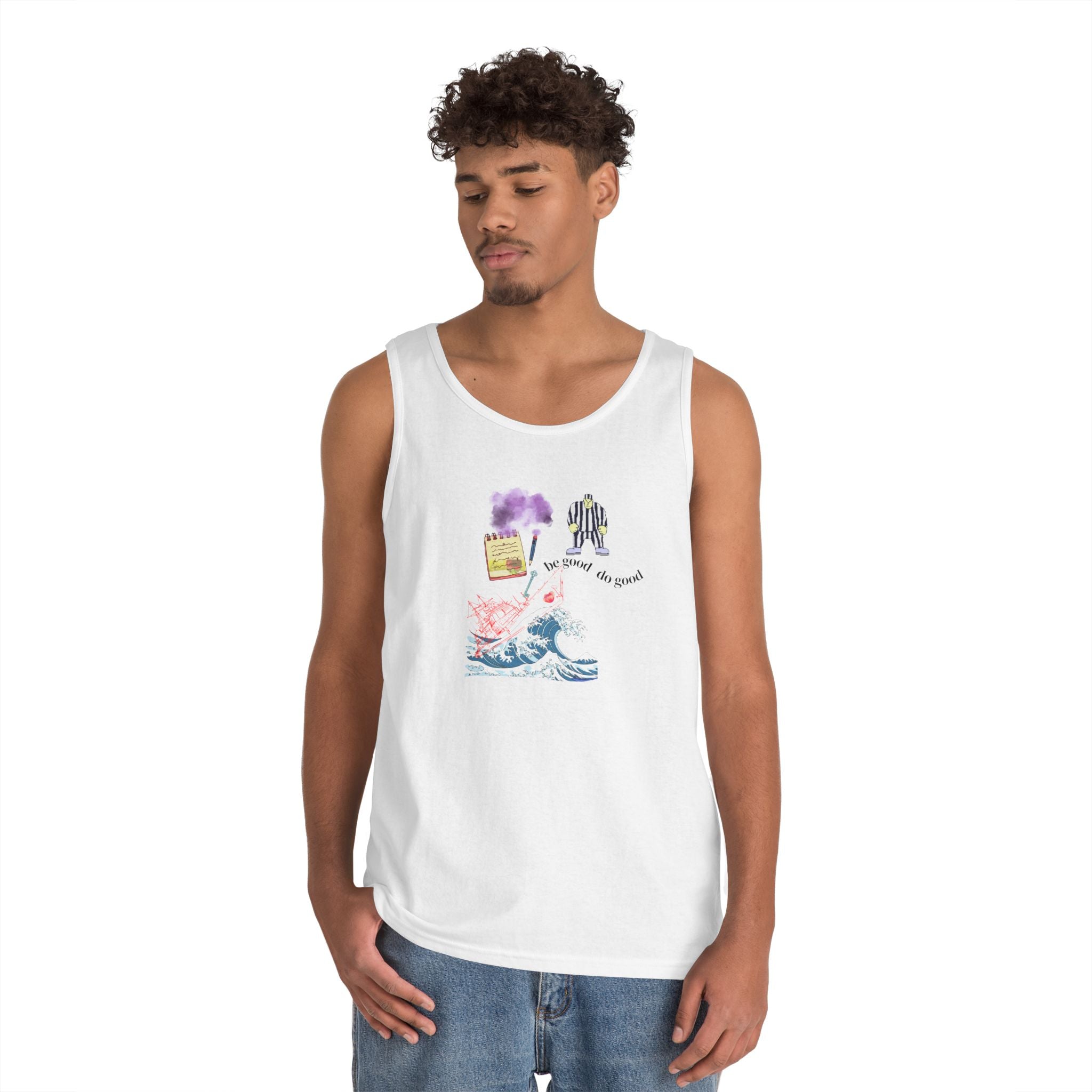 Artistic Wave Tank Top — "We’re All the Same" Collage Graphic