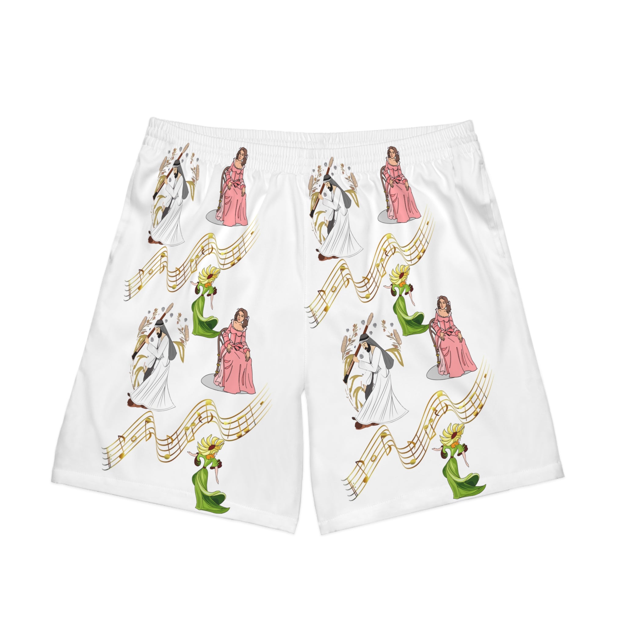 Men's Beach Shorts — Vintage Choir Angel & Musical Notes All-Over Print