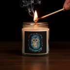 A close-up, cinematic shot of the candle wick being lit with a match. Smoke curls elegantly upwards in slow motion against a deep, dark background. The flame illuminates gold foil lettering on the premium glass jar, reflecting off polished wood. The mood is mysterious and intellectual.