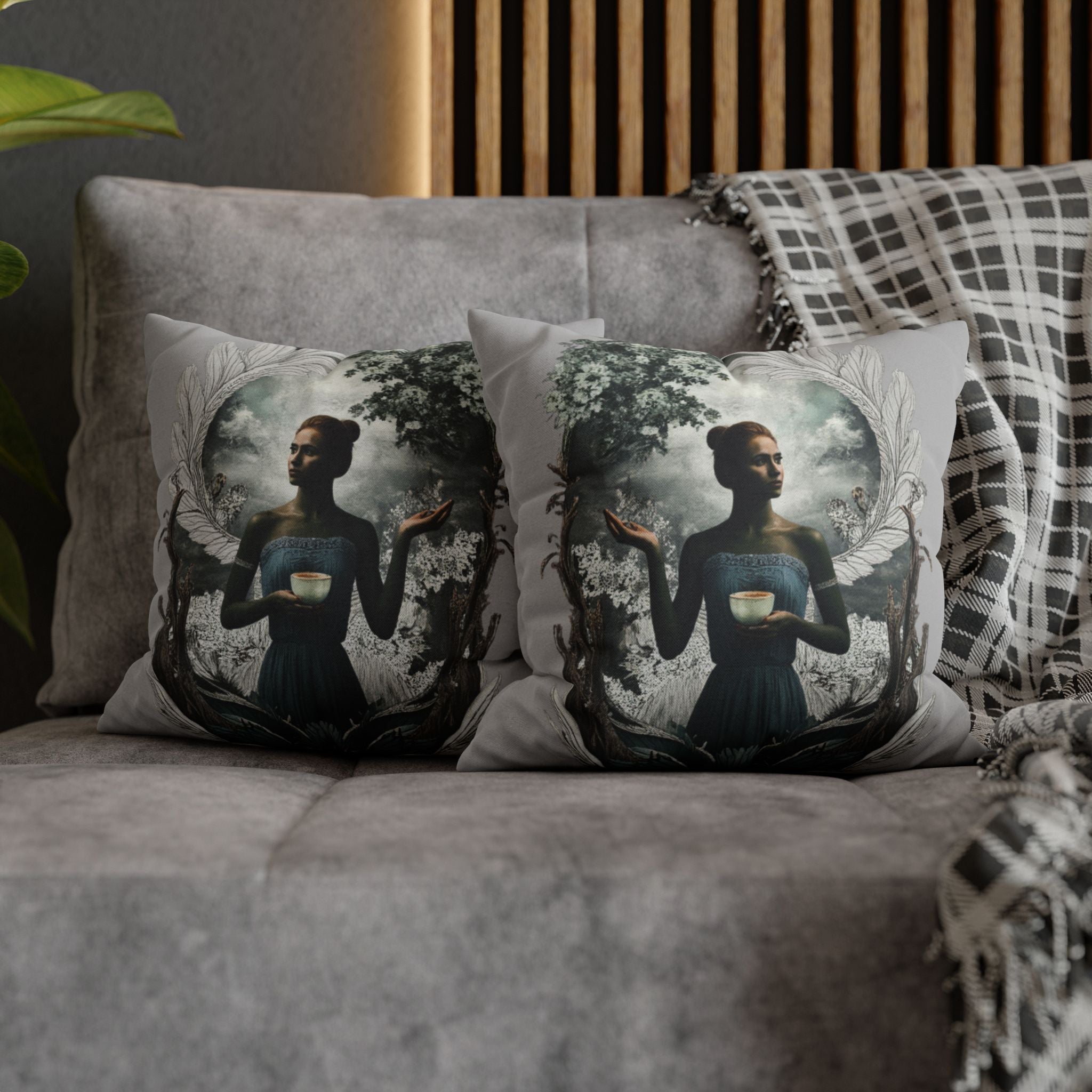 Surreal Woman Holding Teacup Decorative Pillow