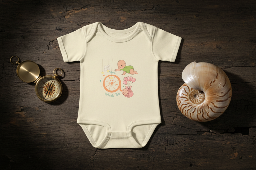 A dramatic luxury advertisement flat lay on dark antique wood beside a brass compass and nautilus shell with cinematic side lighting.