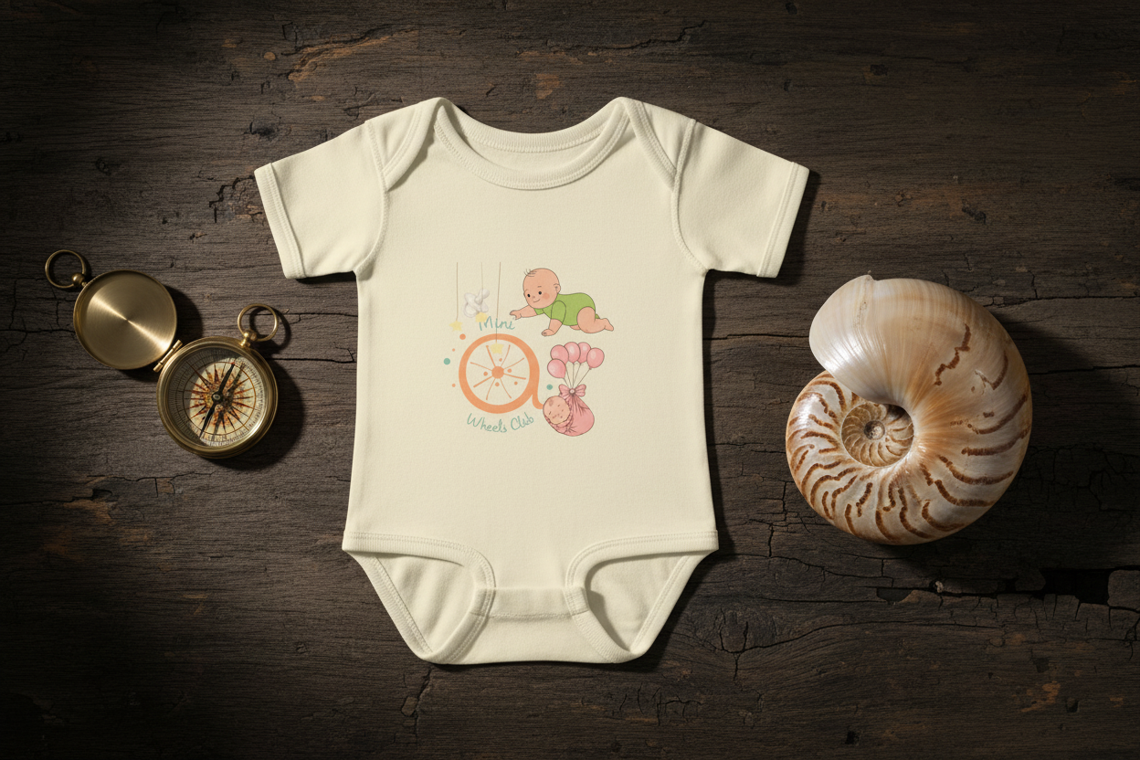 A dramatic luxury advertisement flat lay on dark antique wood beside a brass compass and nautilus shell with cinematic side lighting.