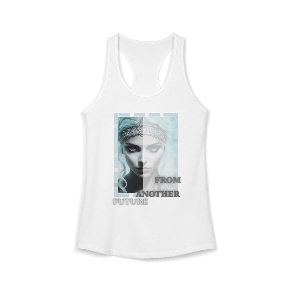 High-resolution graphic print women's tank top displayed against a white background.