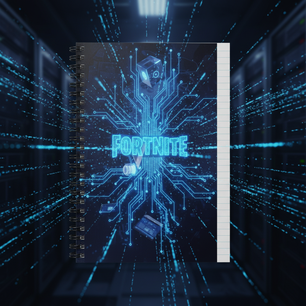 A cinematic close-up of the journal floating in a dark, futuristic server room environment. Blue light trails and data streams appear to diverge from the glowing neon circuit pattern on the cover. The pages are slightly fanned, showing crisp white ruled paper. The atmosphere is electric and sophisticated.