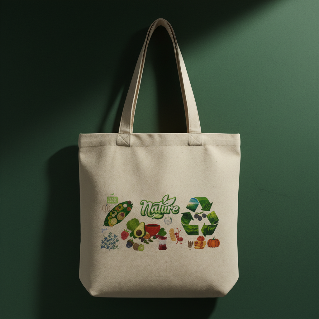 Dramatic Ad Prompt:** A close-up, high-contrast studio shot of the premium organic tote bag's textured canvas fabric against a deep, earthy green textured backdrop. A single beam of focused light highlights the 'Organik Nature' print and the quality of the stitching. The bag looks luxurious and robust.
