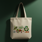 Dramatic Ad Prompt:** A close-up, high-contrast studio shot of the premium organic tote bag's textured canvas fabric against a deep, earthy green textured backdrop. A single beam of focused light highlights the 'Organik Nature' print and the quality of the stitching. The bag looks luxurious and robust.
