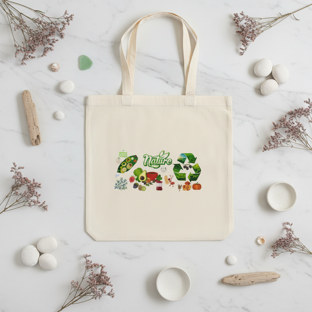 Social Media Prompt:** An aesthetically pleasing flat lay composition on a reclaimed wooden table. The organic canvas tote bag is central, surrounded by curated items: a reusable ceramic coffee cup, a leather-bound notebook, vintage sunglasses, and a small potted succulent. The color palette is minimalist and natural. High-resolution Instagram style.
