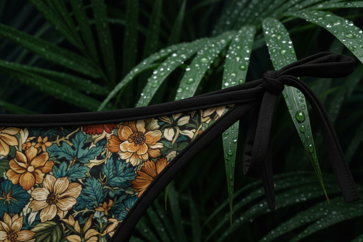 : A close-up, cinematic shot of the bikini fabric against lush, dark tropical foliage covered in dew drops. High contrast lighting emphasizes the texture of the floral print, the weave of the premium fabric, and the details of the side ties. Moody, sophisticated, and luxurious.