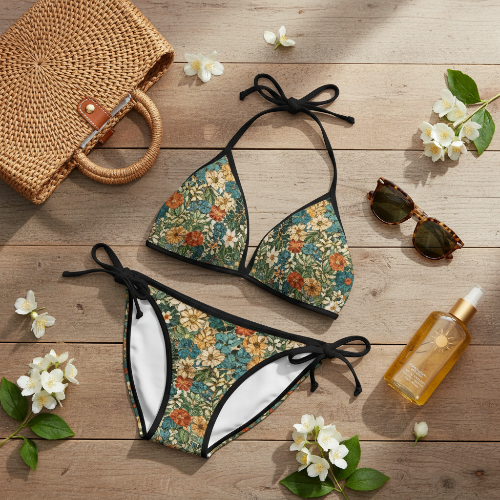 Social Media: A high-quality flat lay on a rustic, weathered wooden table. The bikini is neatly folded next to a woven raffia basket bag, vintage tortoiseshell sunglasses, a glass bottle of sun tan oil, and fresh white jasmine flowers. Natural, soft morning light. Instagram aesthetic.
