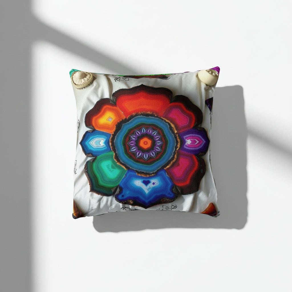 Studio lighting creates dramatic shadows, emphasizing the rich texture of the fabric and the brilliant jewel tones of the mandala design. 