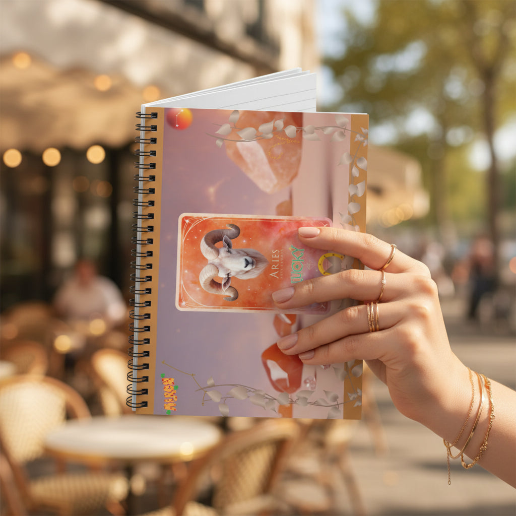 Social Media Image Prompt A high-quality influencer-style shot. A hand adorned with minimalist gold jewelry holds the closed notebook against a blurred, chic Parisian café background with outdoor seating. The Aries gold foil design is prominent. Natural sunlight. The aesthetic is sophisticated and aspirational.