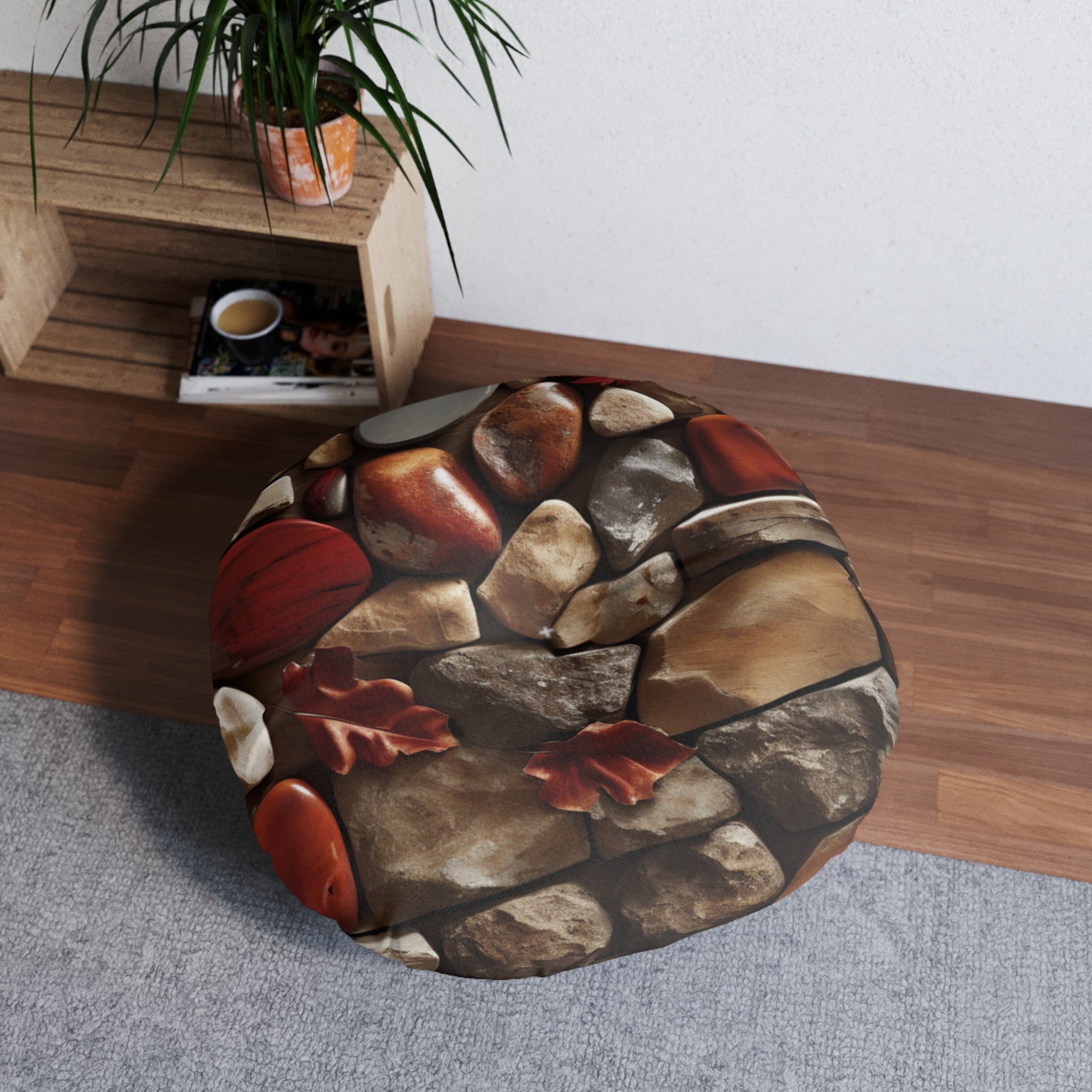 Autumn River Stone Floor Cushion — Tufted Round Meditation Pillow