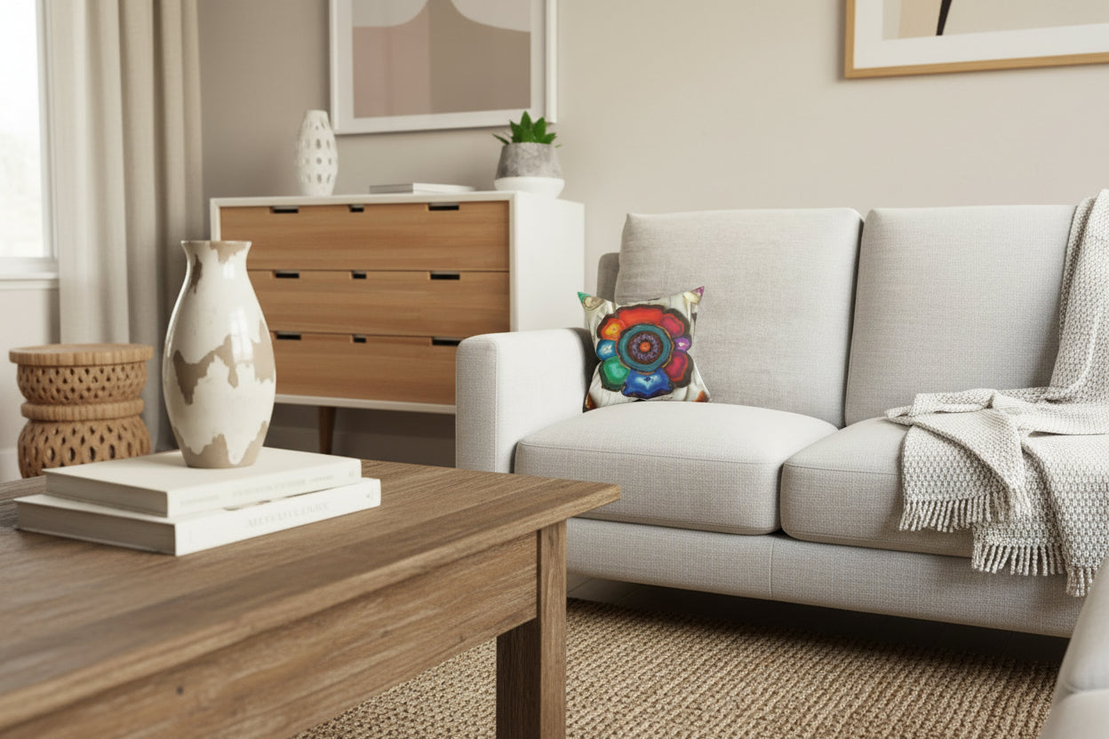  photorealistic shot of a luxurious, sunlit living room.