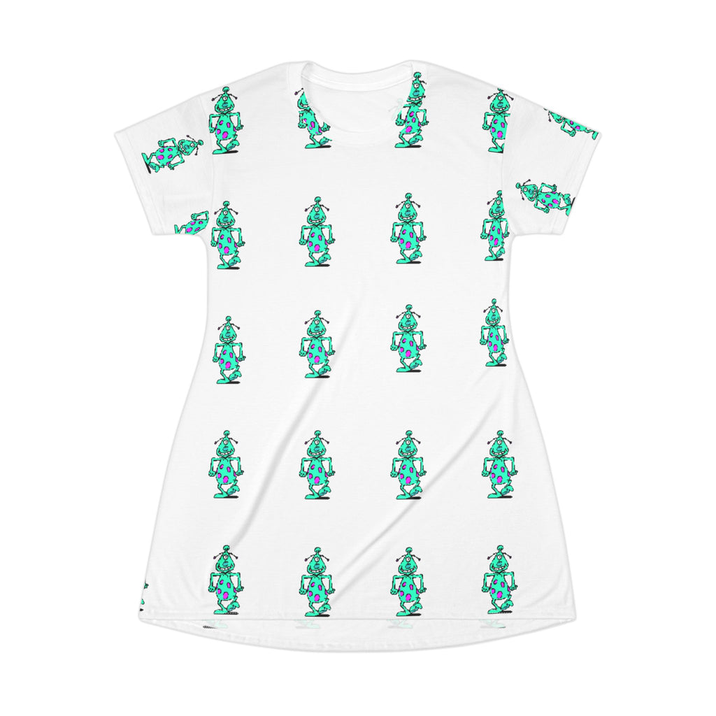 Robot Pattern T-Shirt Dress — Retro Teal Bot All-Over Print
