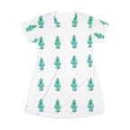 Robot Pattern T-Shirt Dress — Retro Teal Bot All-Over Print