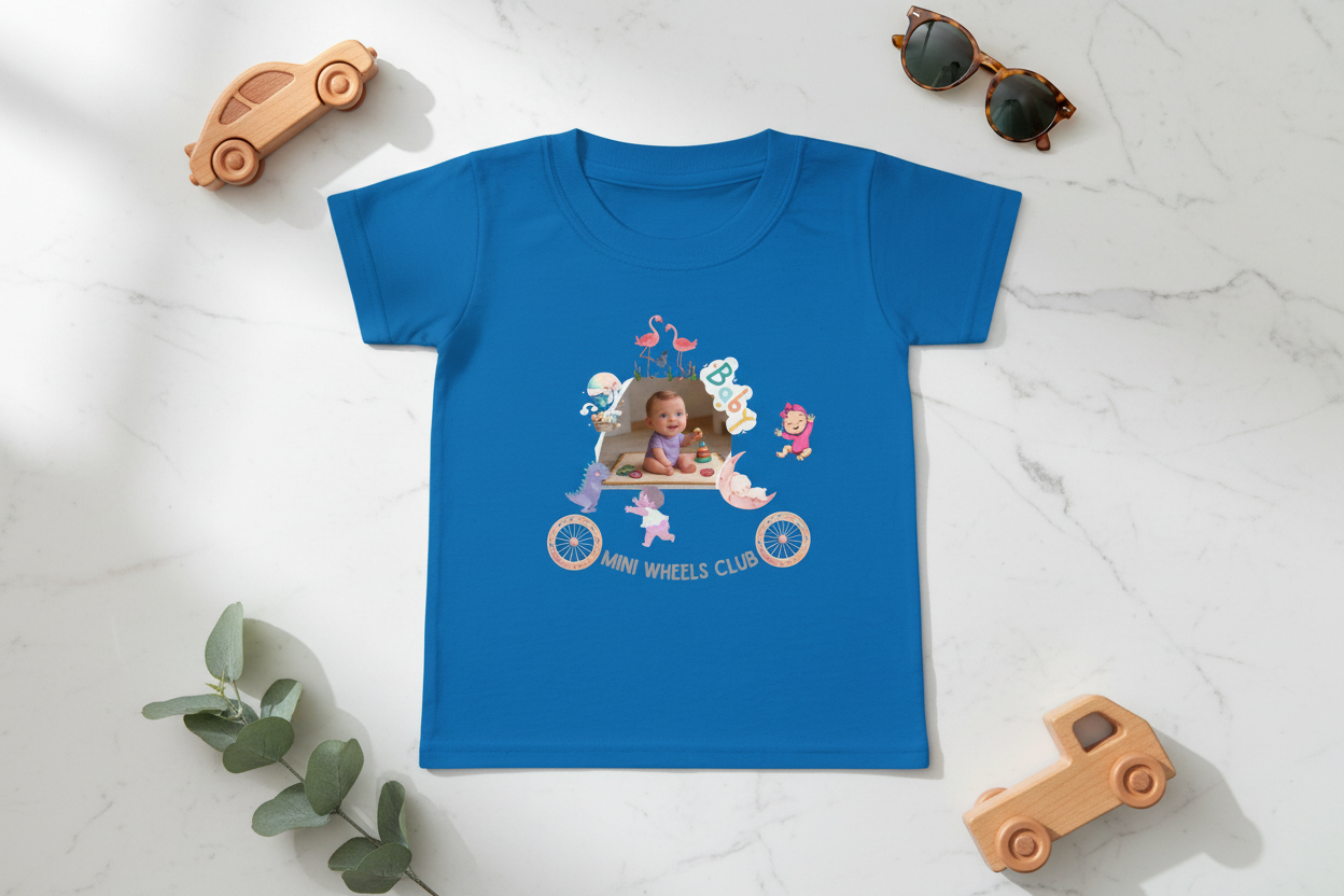 An Instagram-style flat lay on a marble countertop. The 'Wheels Club' t-shirt is central, surrounded by high-end wooden toy vehicles, a pair of stylish toddler sunglasses, and a sprig of eucalyptus. Natural daylight, elegant composition.