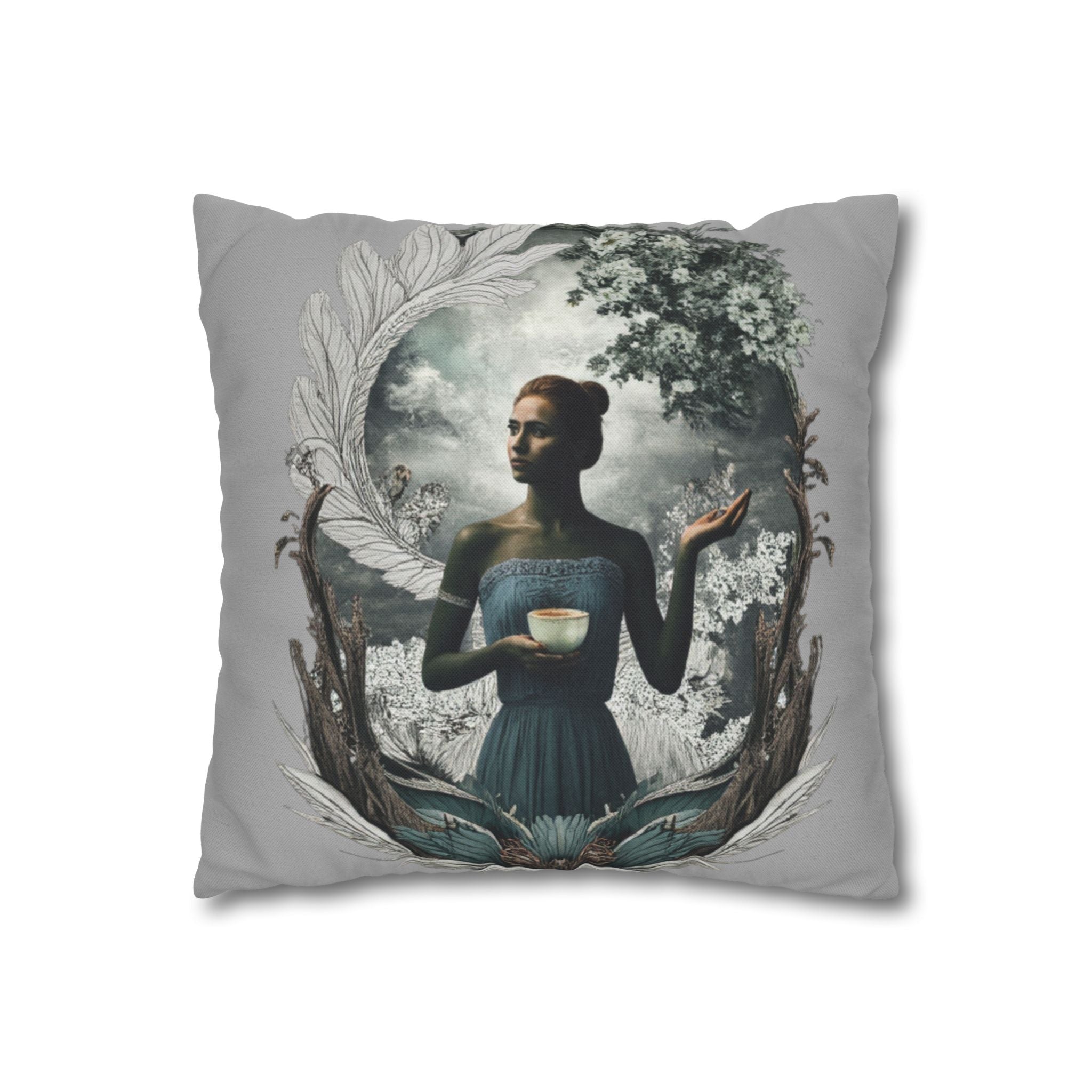 Surreal Woman Holding Teacup Decorative Pillow