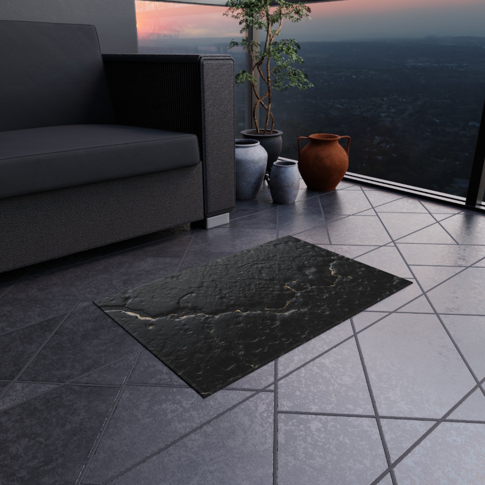 Black Cracked Stone Outdoor Rug