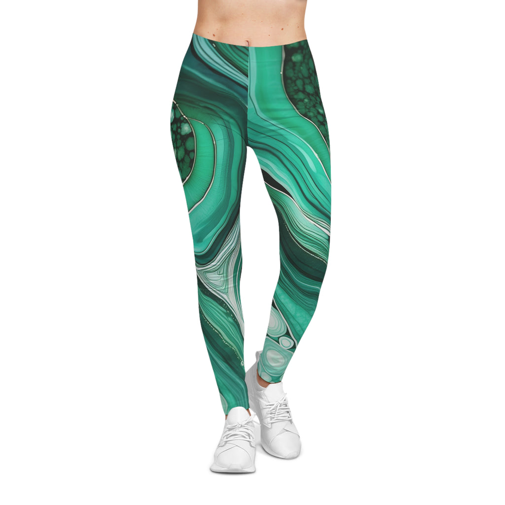 Green Agate Print Leggings — Marble Gemstone Pattern Yoga & Casual Leggings