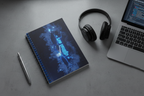 A photorealistic overhead shot of an open Blue Neon Tech Ruled Journal on a minimalist polished concrete desk. Alongside it are a sleek silver fountain pen, a pair of high-end noise-canceling headphones, and a MacBook Pro displaying lines of code. The blue neon cover design subtly reflects on the desk surface. The lighting is ambient and moody.