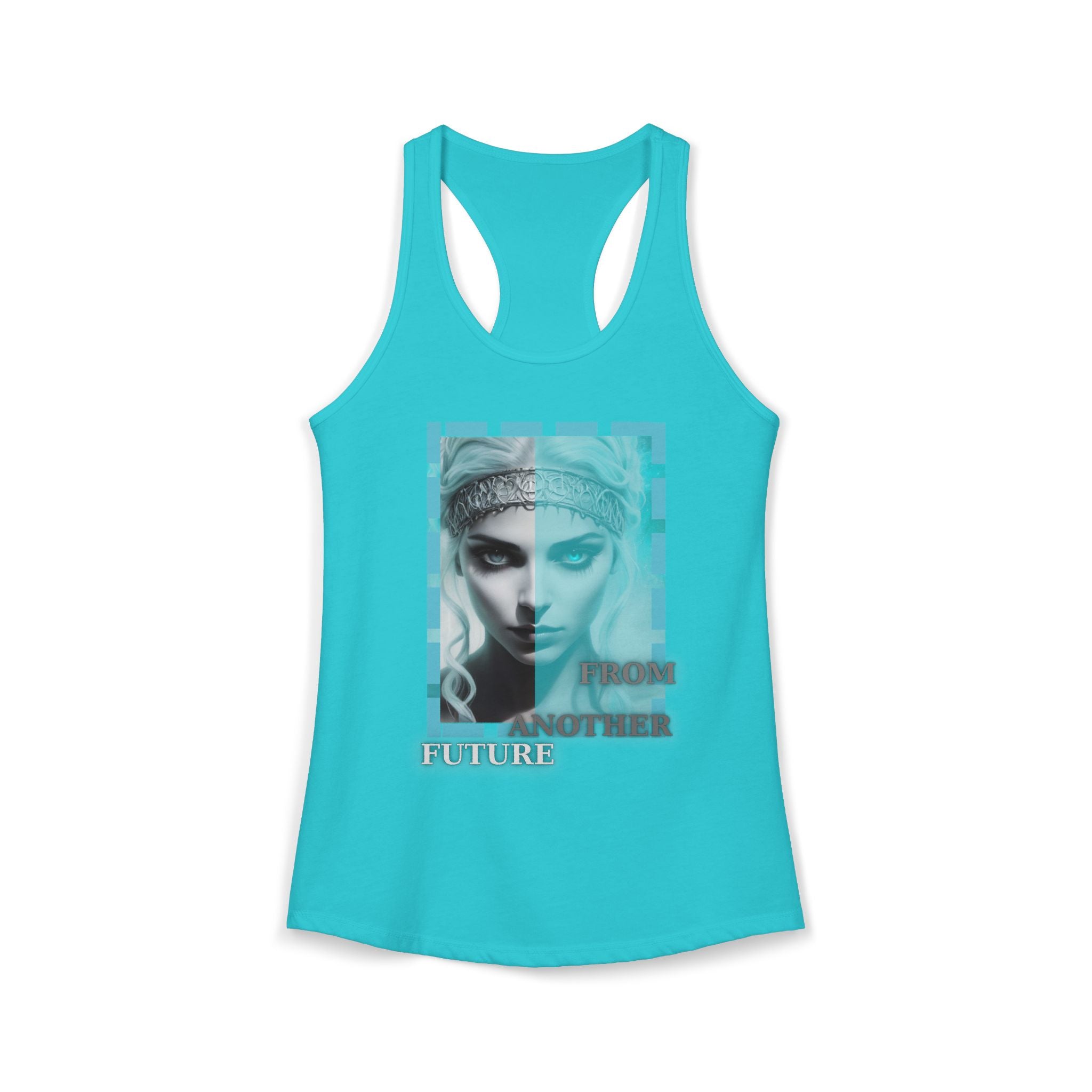 Studio product photography, high-angle shot of a white racerback tank top on a minimalist marble pedestal.