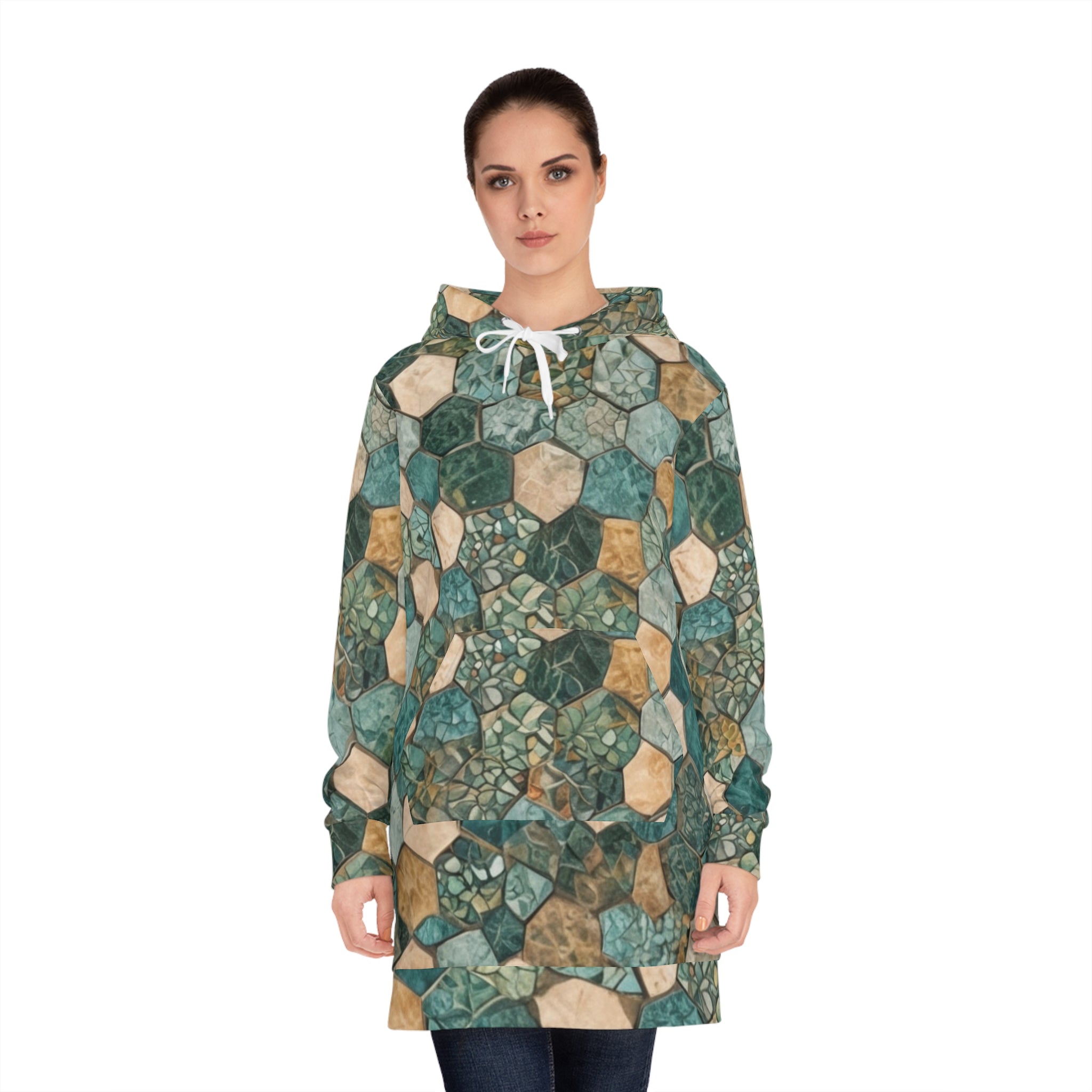 Geometric Teal Hex Tile Hoodie Dress — All-Over Print Cozy Tunic