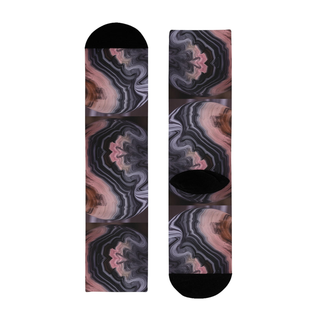 Marbled Agate Crew Socks — Pink & Gray Abstract Sublimation Design
