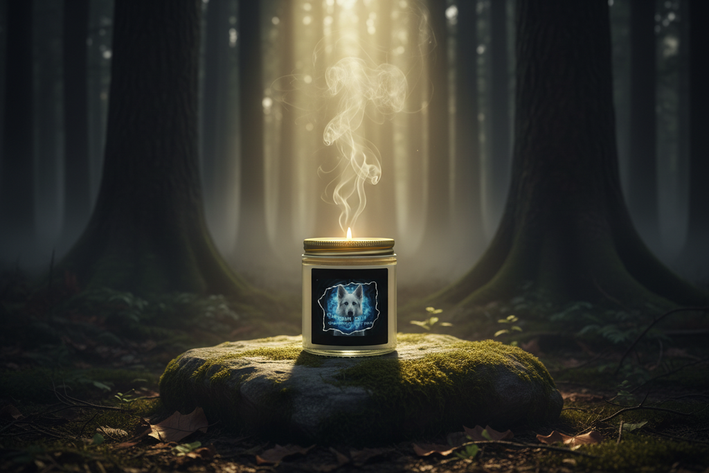 A cinematic close-up shot of the candle placed on a moss-covered stone in a dark, ancient forest floor setting. Smoke curls upwards from the lit wick, mingling with low-hanging mist between towering trees. A subtle, golden beam of light breaks through the canopy, illuminating the product like a discovered treasure. The label is clearly visible.